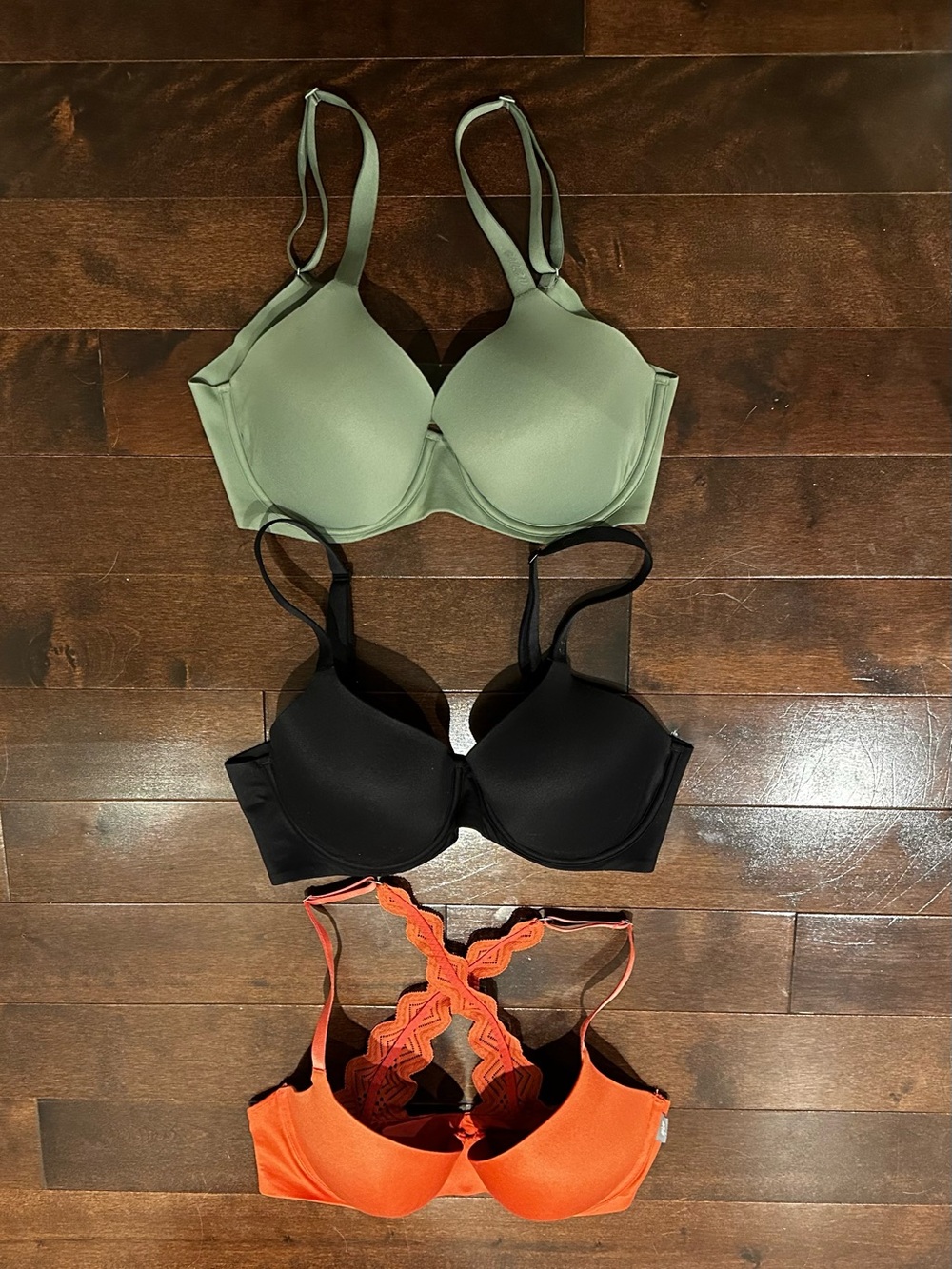 aerie Three-Pack Bras in Sage, Black & Orange/Red